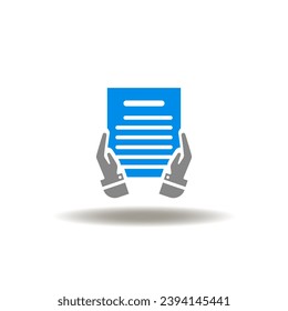 Vector illustration of hands holding paper list. Icon of paperwork. Symbol of manuscript. Sign of story telling. Pictogram of submitting an application.