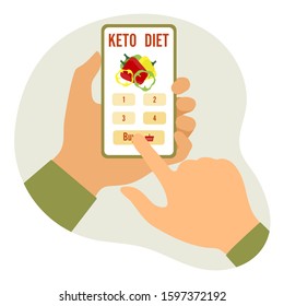 Vector illustration Hands holding phone, choice, purchase keto diet foods. Healthy lifestyle, proper nutrition. Fats, proteins, low carbs ketogenic diet food. Design for app, websites, print