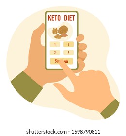 Vector illustration Hands holding phone, choice, purchase keto diet foods. Healthy lifestyle, proper nutrition. Fats, proteins, low carbs ketogenic diet food. Design for app, websites, print