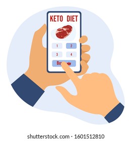 Vector illustration Hands holding phone, choice, purchase keto diet foods. Healthy lifestyle, proper nutrition. Fats, proteins, low carbs ketogenic diet food. Design for app, websites, print