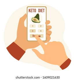 Vector illustration Hands holding phone, choice, purchase keto diet foods. Healthy lifestyle, proper nutrition. Fats, proteins, low carbs ketogenic diet food. Design for app, websites, print