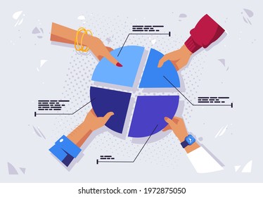 Vector illustration of hands holding pieces of a radial chart, top view, marketing strategy using a radial chart, teamwork