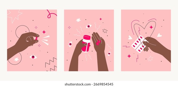Vector illustration. Hands Holding Pills Medicines Health Treatment Science
