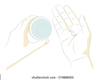 Ilustración vectorial de las manos sosteniendo pastillas y una taza de agua.