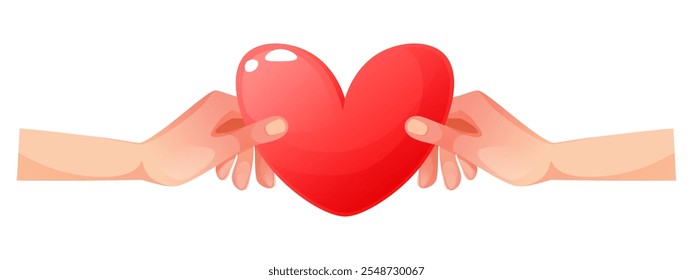 Vector illustration of hands holding pink heart, giving love, valentine, receiving love. Heart in hand. Symbol of kindness, love, empathy, charity, mental health and family. Valentine's day.