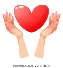 Ilustración vectorial de manos sosteniendo el corazón rosa, dando amor, San Valentín, recibiendo amor. Corazón en mano. Símbolo de bondad, amor, empatía, caridad, salud mental y familia. San Valentín.