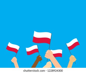 Vector illustration hands holding Poland flags on blue background 