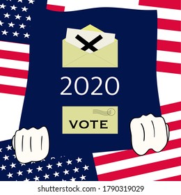 Vector illustration of hands holding poster with envelopes inside one is a cross song on paper and text vote on other envelope and 2020 all on american flag colour background concept of vote by mail 