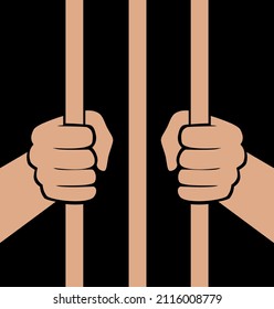 Vector illustration of hands holding prison bars on black background.