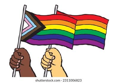 Vector illustration of a hands holding a rainbow flags