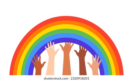 Vector illustration of hands holding a rainbow. The concept of LGBT. Celebration of the month of pride against violence, discrimination, human rights violations. Tolerance and equality.