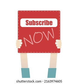 Vector illustration of hands holding a red square board says subscribe now for video streaming web template