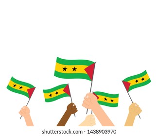 Vector illustration of hands holding Sao Tome and Principe flags isolated on white background 