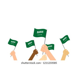 Vector illustration hands holding Saudi Arabia flags isolated on background 