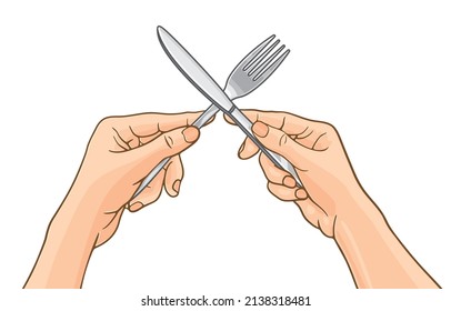Vector Illustration Of Hands Holding Silver Knife,fork,cutlery Or Kitchenware,isolated On White Background,top View,copy Space,diet,hunger Symbol,delicious,Western Culture In Using Food Utensils.