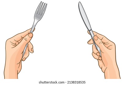 Vector Illustration Of Hands Holding Silver Knife,fork,cutlery Or Kitchenware,isolated On White,top View,copy Space,diet,weight Loss,healthy Eating,delicious,Western Culture In Using Food Utensils.