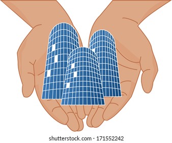 Vector illustration of hands holding  skyscrapers