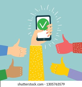 Vector illustration with Hands holding smartphone with check sign in the modern minimalistic flat design. Yes check concept design about motivation and doing a right choice