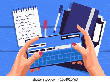 Vector illustration hands holding a smartphone which displays a messenger to communicate with a person on the background of a table with folders, notebooks and pens, work on the phone