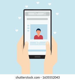 Vector illustration. Hands holding a smartphone. A woman looks at a man's profile on a Dating service website.