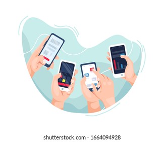 Vector illustration Hands holding smartphone. Mobile application concept, Different hands with smartphones in flat style. Vector illustration