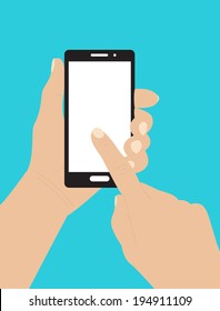 Vector illustration of  hands holding smartphone and touching the screen