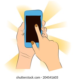 Vector illustration of hands holding smartphone and touching the screen