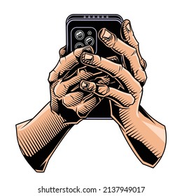 Vector illustration of hands holding smartphone device in engraving technique isolated.