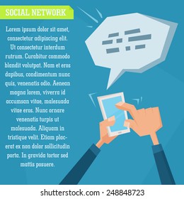 Vector illustration of hands holding smartphone and typing text in flat infographic style