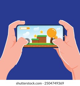 Vector Illustration of Hands Holding Smartphone with Platform-Style Video Game Display, Featuring Green Ground, Blue Sky, Coins, Bricks, and Orange Character