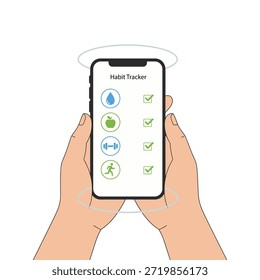 Ilustração vetorial de mãos segurando um smartphone com um aplicativo rastreador de hábito, mostrando tarefas diárias de saúde concluídas. Design moderno e limpo que representa bem-estar, produtividade e gerenciamento de estilo de vida digital.