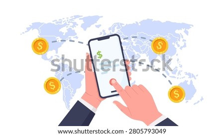vector illustration of Hands holding a smartphone showing a payment screen with dollar icon and coins over a world map, illustrating global money transfer, mobile banking and online payment.