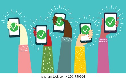 Vector illustration with Hands holding smartphones check sign in the modern minimalistic flat design. Yes check concept design about motivation and doing a right choice