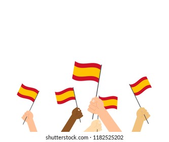 Vector illustration hands holding Spain flags isolated on white background 