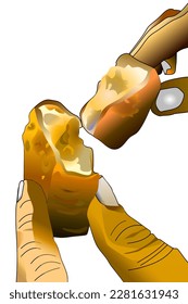A vector illustration of hands holding and splitting piece of chicken nugget into two to show what is inside