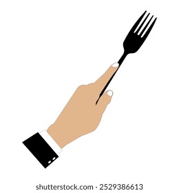 Ilustración vectorial de manos sosteniendo una cuchara, tenedor y cuchillo en negro. Diseño minimalista, adecuado para temas de comida, restaurantes u otros diseños relacionados con la cocina. Manos con ropa formal