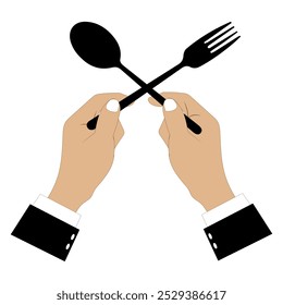 Ilustración vectorial de manos sosteniendo una cuchara, tenedor y cuchillo en negro. Diseño minimalista, adecuado para temas de comida, restaurantes u otros diseños relacionados con la cocina. Manos con ropa formal