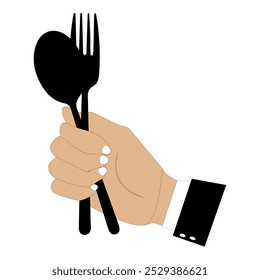 Ilustración vectorial de manos sosteniendo una cuchara, tenedor y cuchillo en negro. Diseño minimalista, adecuado para temas de comida, restaurantes u otros diseños relacionados con la cocina. Manos con ropa formal