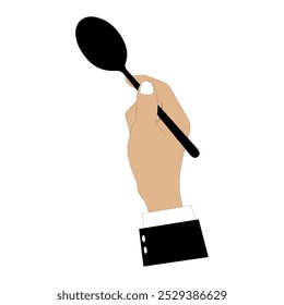 Ilustración vectorial de manos sosteniendo una cuchara, tenedor y cuchillo en negro. Diseño minimalista, adecuado para temas de comida, restaurantes u otros diseños relacionados con la cocina. Manos con ropa formal