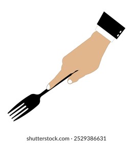 Ilustración vectorial de manos sosteniendo una cuchara, tenedor y cuchillo en negro. Diseño minimalista, adecuado para temas de comida, restaurantes u otros diseños relacionados con la cocina. Manos con ropa formal