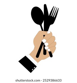 Ilustración vectorial de manos sosteniendo una cuchara, tenedor y cuchillo en negro. Diseño minimalista, adecuado para temas de comida, restaurantes u otros diseños relacionados con la cocina. Manos con ropa formal