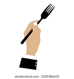 Ilustración vectorial de manos sosteniendo una cuchara, tenedor y cuchillo en negro. Diseño minimalista, adecuado para temas de comida, restaurantes u otros diseños relacionados con la cocina. Manos con ropa formal