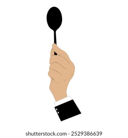 Ilustración vectorial de manos sosteniendo una cuchara, tenedor y cuchillo en negro. Diseño minimalista, adecuado para temas de comida, restaurantes u otros diseños relacionados con la cocina. Manos con ropa formal