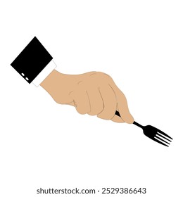 Ilustração vetorial de mãos segurando uma colher, garfo e faca em preto. Design minimalista, adequado para temas de comida, restaurantes ou outros projetos relacionados à culinária. Mãos vestindo roupas formais