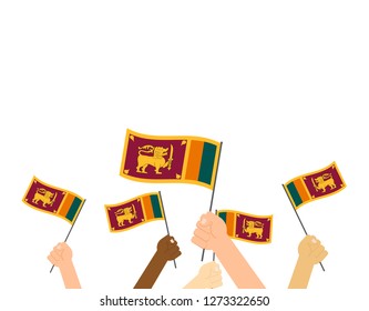 Vector illustration hands holding Sri Lanka flags isolated on white background