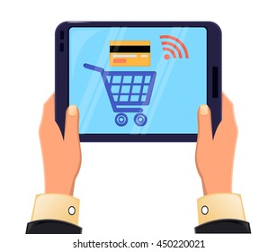 Vector illustration of hands holding tablet. Mobile payments from credit card on the screen. Flat style