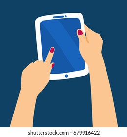 a vector illustration; hands holding a tablet or a phone; flat cartoon design style; an infographic element; a device with a blank screen
