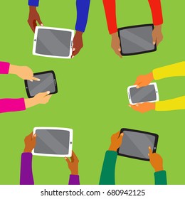 a vector illustration; hands holding a tablet; flat cartoon design style; infographic elements; gadgets with a blank screen; different races and skin colors