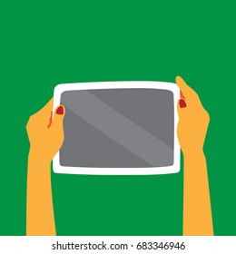 a vector illustration; hands holding a tablet; flat cartoon design style; an infographic element; a device with a blank screen