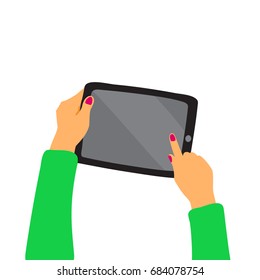 a vector illustration; hands holding a tablet; flat cartoon design style; an infographic element; a device with a blank screen